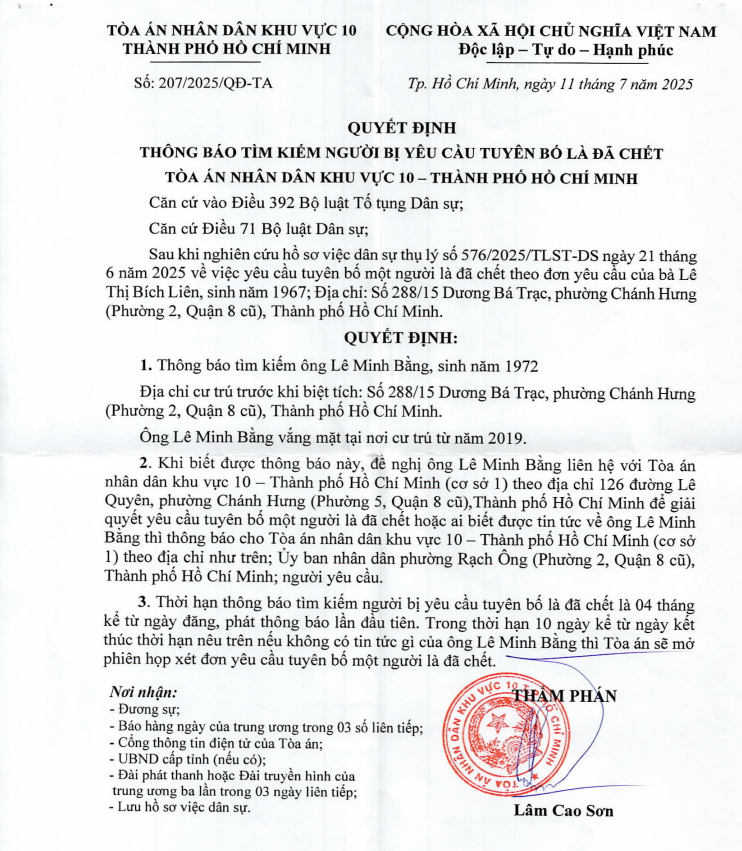 Thông báo tìm ông Lê Minh Bằng, sinh năm 1972; địa chỉ cư trú: phường Chánh Hưng (Phường 2, Quận 8 cũ), TP.Hồ Chí Minh